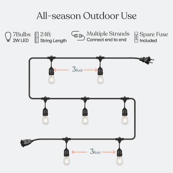 Ambience Pro 7-Light 24 ft. Outdoor Plug-in 2W 2500k LED S14 Hanging Edison Bulb String-Light