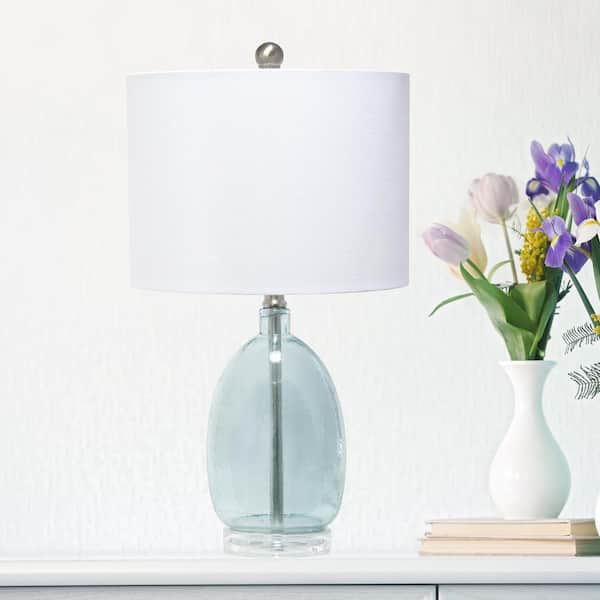 22 in. Clear Blue Oval Glass Table Lamp with White Drum Shade