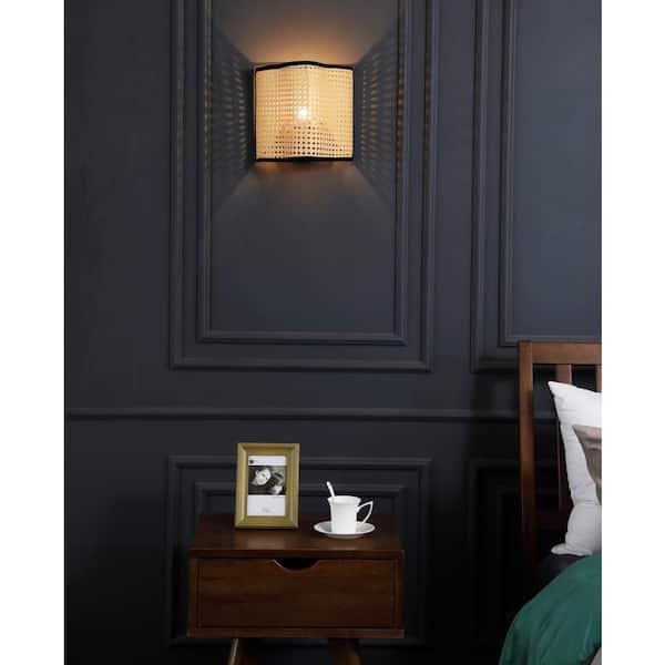 Mid Century Bohemian 1-Light Beige Tan Wall Sconce with PVC Rattan and Velvet Shade