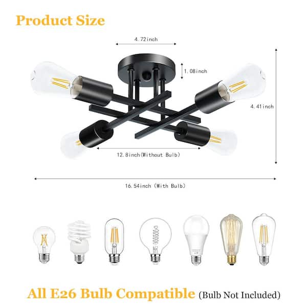 14 in. 4-Light Modern Sputnik Linear Black Metal Semi- Flush Mount Ceiling Lights Fixture Sputnik Chandelier Light