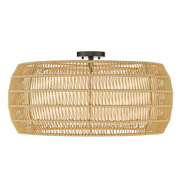 Everly 6-Light Matte Black Natural Rattan Semi-Flush Mount Light