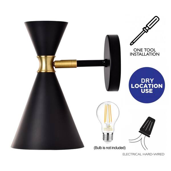 1-Light Black Wall Sconce with Brass Accents