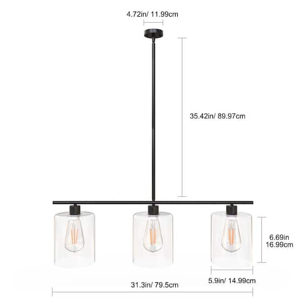 3-Light Black Simple Linear Hanging Light, Kitchen Island Pendant with Clear Glass Shades