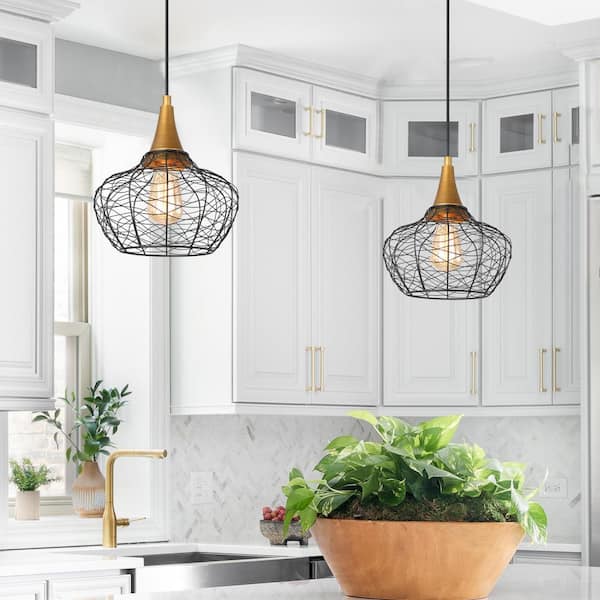 Modern Cage Ceiling Light Lirin 1-Light Brushed Gold Farmhouse Dome Semi-Flush Mount Light with Black Metal Shade