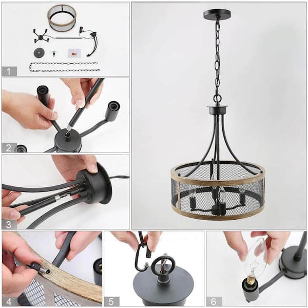 Black Drum Chandelier 4-Light Candlestick Dark Brown Farmhouse Round Pendant with Open Cage Frame and Wood Accent