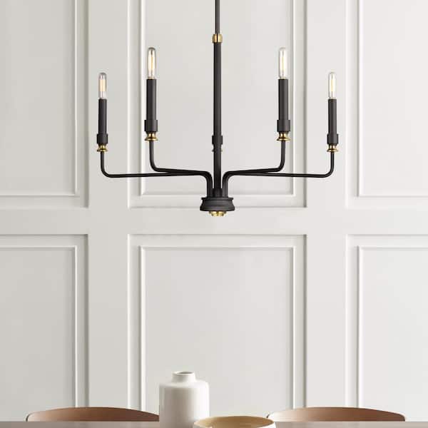 Oliver 5-Light Midnight Matte Black Modern Minimalist Hanging Candlestick Chandelier with 2 Sets of Candle Tubes