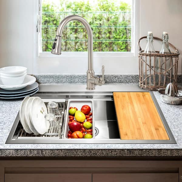 Handmade All-in-One Topmount Stainless Steel 33 in. x 22 in. Single Bowl Kitchen Sink w/ Pull-down Faucet, Accessory