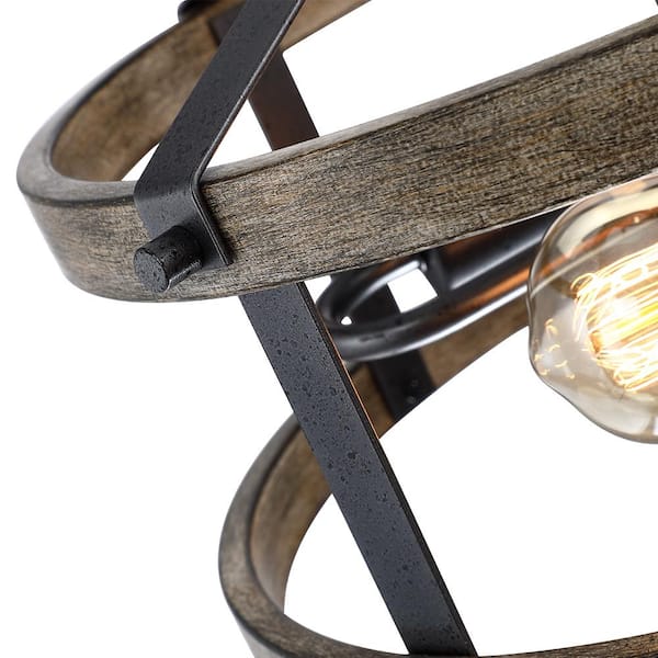 Madison 13 in. 2-Light Natural Iron and Distressed Faux Wood Industrial Farmhouse Semi-Flush Mount Ceiling Light