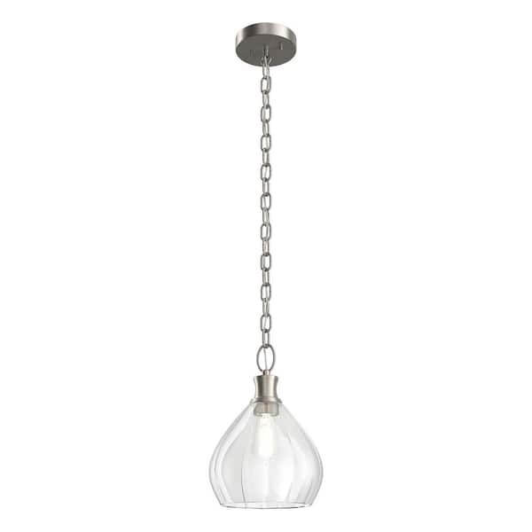 Merriam 8 in. 1-Light Brushed Nickel Farmhouse Shaded Kitchen Pendant Hanging Light with Clear Glass