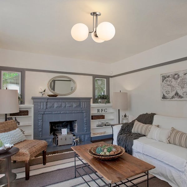 Lueck 22 in. 3-Light Modern Sputnik Nickel Semi Flush Mount with Globe White Glass