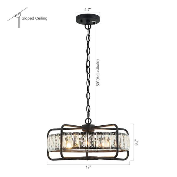 17 in. 4-Light Black Modern Crystal Chandelier with Metal Geometric Frame