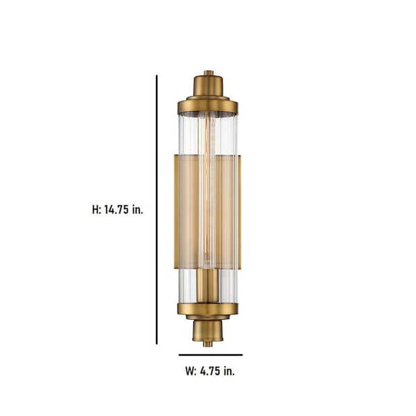 Pike 4.5 in. W x 15.25 in. H 1-Light Warm Brass Wall Sconce with Clear Ribbed Glass Shade