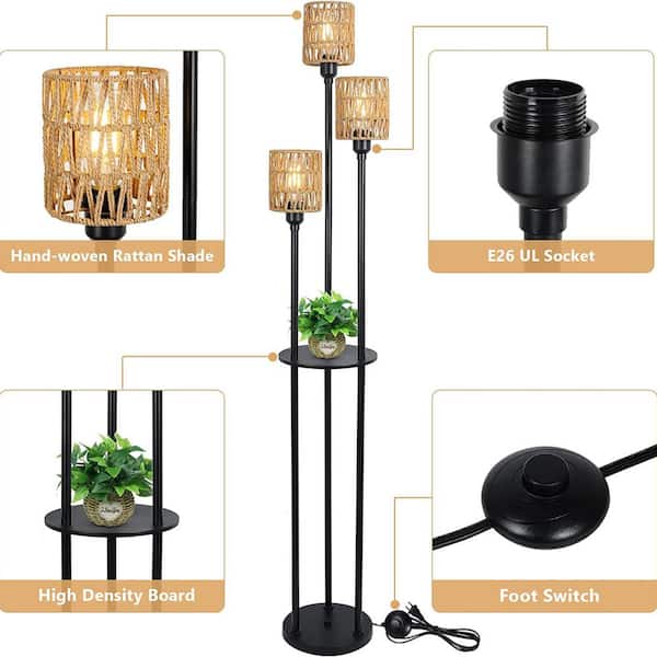 66.1 in. Brown 3-Lights Rattan Standard Floor Lamp with Shelves