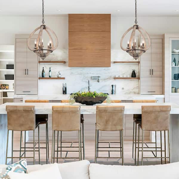 Modern Farmhouse Candlestick Wood Chandelier, 5-Light Lantern Dining Room Chandelier Hanging Pendant Light