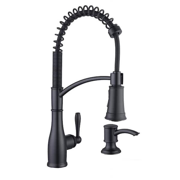 Mandouri Single-Handle Spring Neck Pull-Down Sprayer Kitchen Faucet with Soap Dispenser in Matte Black