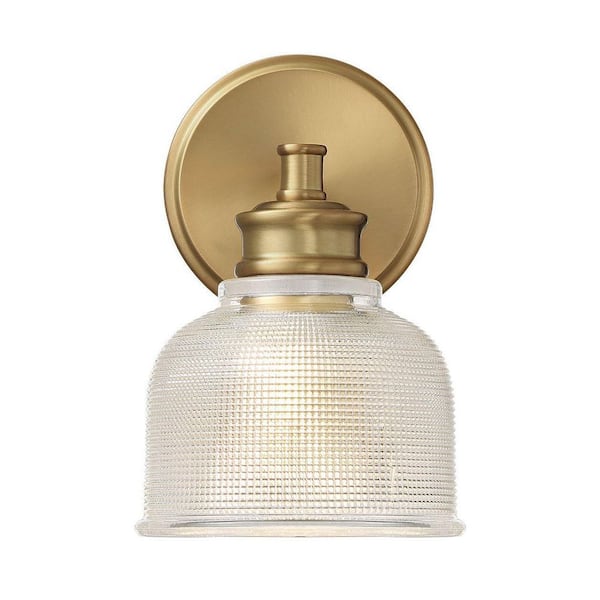 Meridian 5 in. x 9.5 in. 1-Light Natural Brass Traditional Wall Sconce with Textured Glass Shade