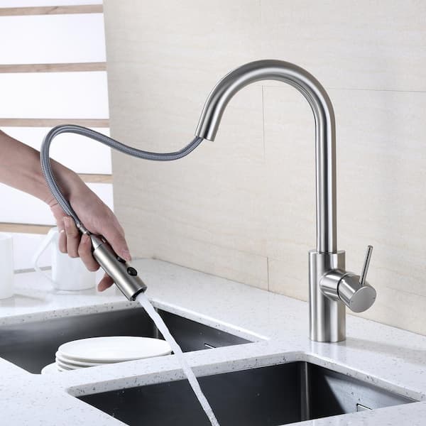 Single-Handle Pull-Down Sprayer Kitchen Faucet with 2-Function Sprayhead in Brushed Nickel