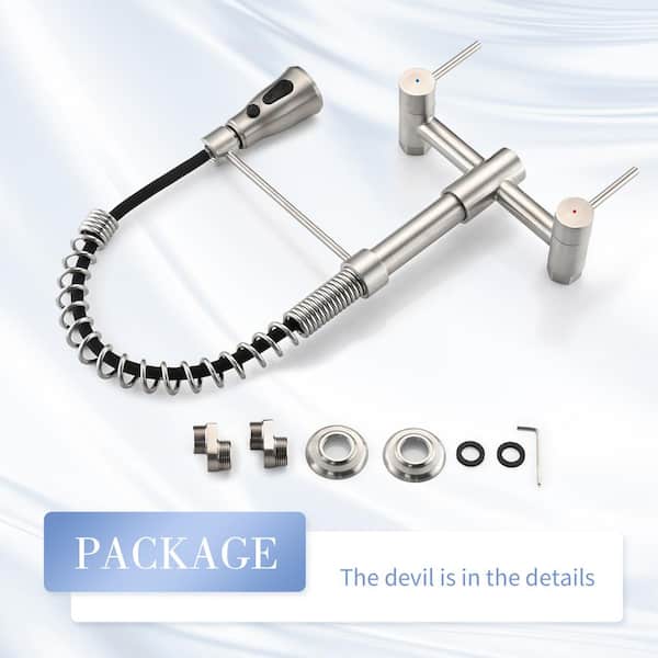 Double-Handle Wall Mounted Bridge Kitchen Faucet with Pull-Down Sprayer Head in Brushed Nickel