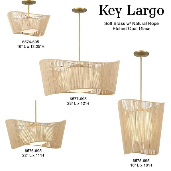 Key Largo 16 in. 1-Light Soft Brass Semi-Flush Mount with Etched Opal Glass and Natural Rope Shade