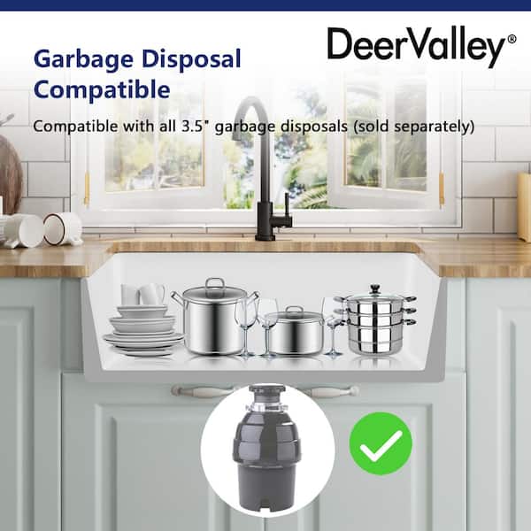 DeerValley Feast White Ceramic 33 in. L Rectangular Single Bowl Farmhouse Apron Kitchen Sink with Grid and Strainer