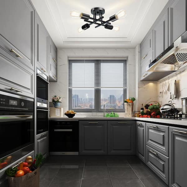 14 in. 4-Light Modern Sputnik Linear Black Metal Semi- Flush Mount Ceiling Lights Fixture Sputnik Chandelier Light