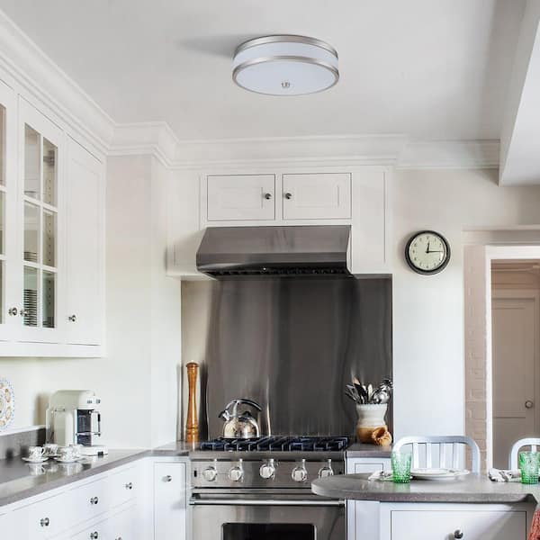 15 in. Watt Equivalence 200-Watt Modern Satin Nickel Dimmable Integrated LED Flush Mount Light with White Acrylic Shade