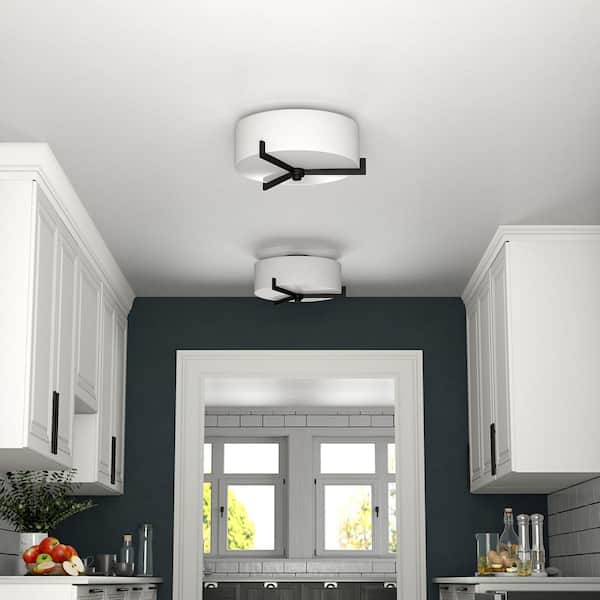 Hamlin 17.63 in. 2-Light Blackened Bronze and White Semi Flush Mount with Fabric Shade
