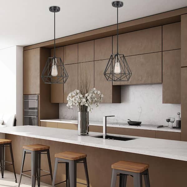 Brielle 60-Watt 1-Light Matte Black Shaded Pendant Light with Cage Shade