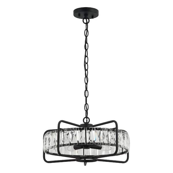 17 in. 4-Light Black Modern Crystal Chandelier with Metal Geometric Frame