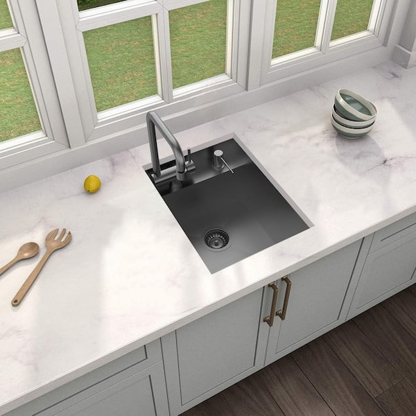 15 in. Undermount Gunmetal Black Stainless Steel Single Bowl Workstation Bar Sink with Black Folding Faucet