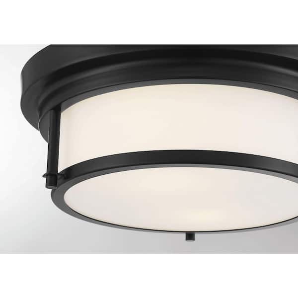 13 in. W x 4.5 in. H 2-Light Matte Black Outdoor Flush Mount Light with White Glass Cylindrical Shade