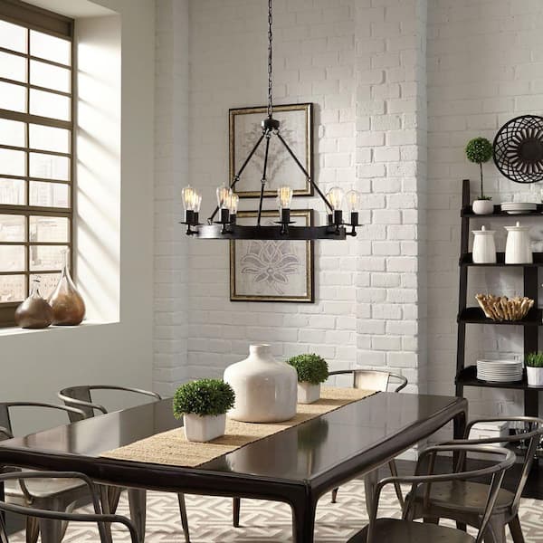 Ravenwood Manor 9-Light Stardust Rustic Black Industrial Wagon Wheel Hanging Chandelier