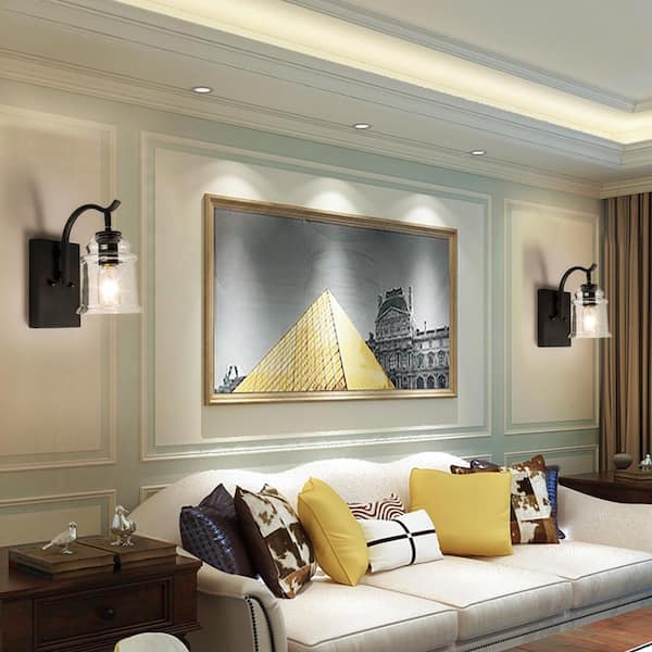 Houston 1-Light Black Dimmable Antique Armed Sconce With Glass Shade (Set of 2)