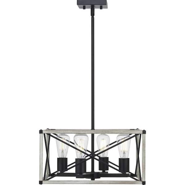 Madison Landing 4-Light Caged Matte Black Rectangular Pendant Hanging Light with Washed White Farmhouse Wood Accents