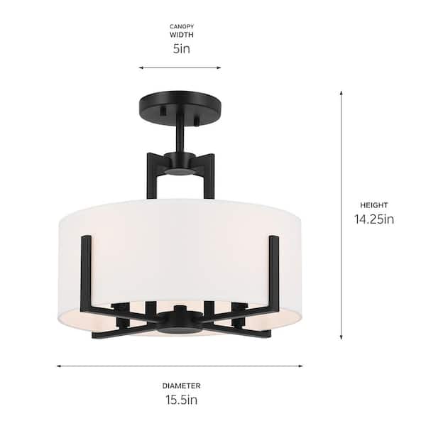 Malen 15.5 in. 4-Light Black Bedroom Traditional Convertible Semi-Flush Mount Ceiling Light with Fabric Shade