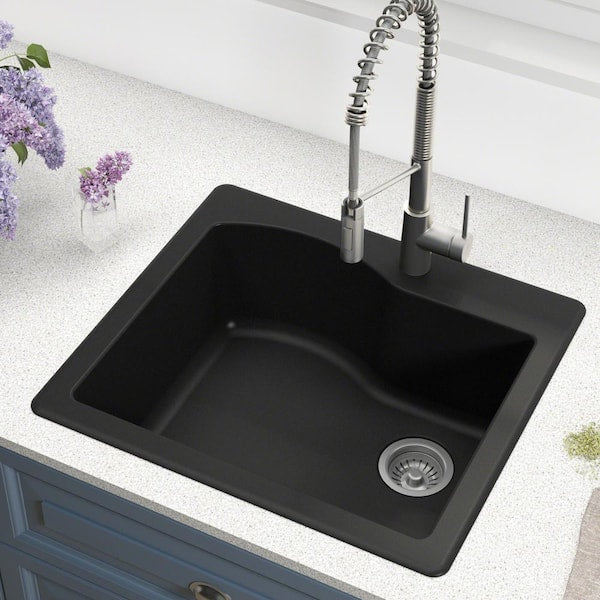 Quarza 25 Dual Mount Single Bowl Granite Kitchen Sink in Black