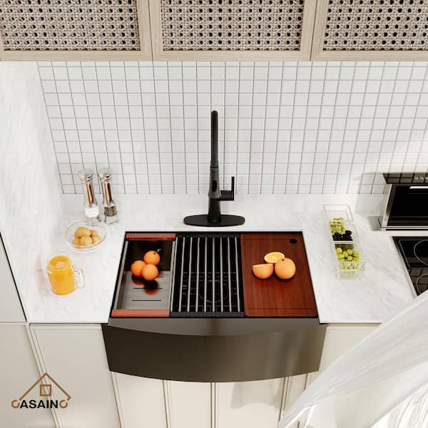 Stainless Steel Sink 30 in. Single Bowl Farmhouse Apron Workstation Kitchen Sink with Matte Black Faucet and Accessories