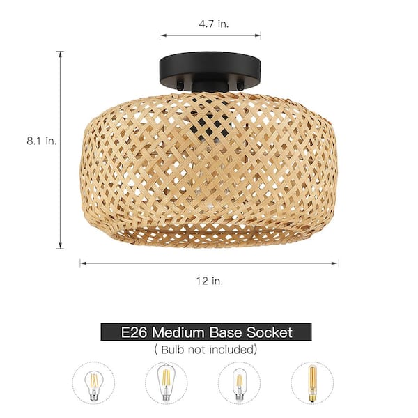 Bungalo 12 in. 1-Light Black/Wheat Bohemian Bamboo Semi-Flush Mount Light with Black Hardware