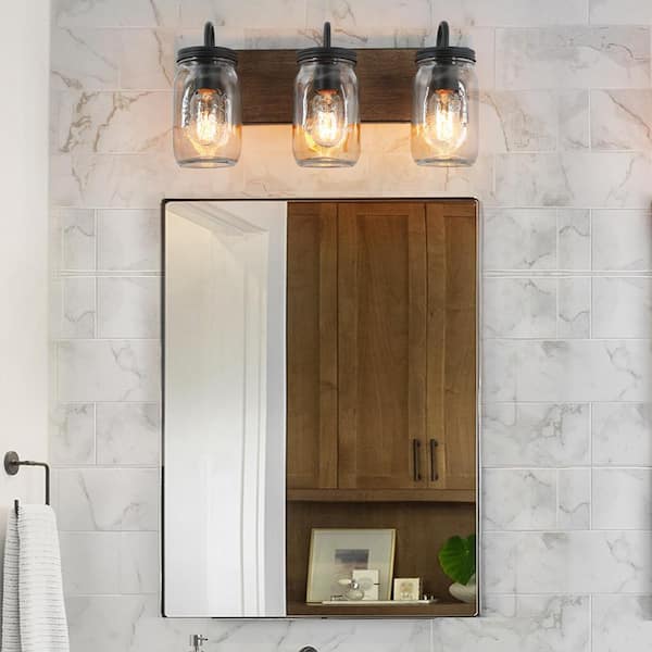 Farmhouse Bathroom Vanity Light 3-Light Black Powder Room Wall Sconce with Brown Faux Wood Accent Clear Mason Jar Shades