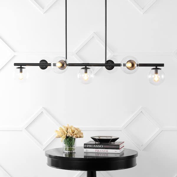 Luca Parisian 53 in. 7-Light Black/Clear Modern Glam Iron Globe Linear LED Pendant Light, Black