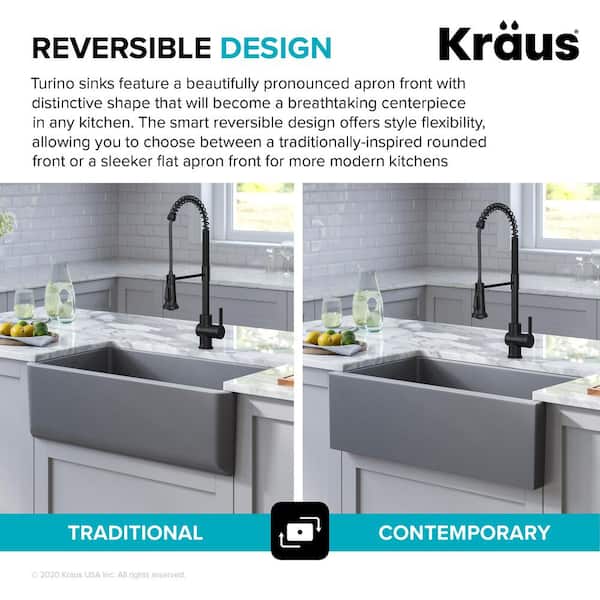 Turino Matte Gray Fireclay 33 in. Single Bowl Farmhouse Apron Kitchen Sink