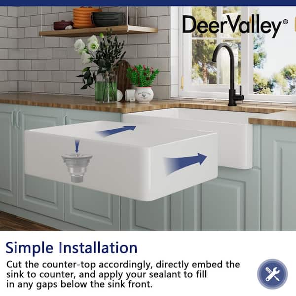 DeerValley Feast White Ceramic 33 in. L Rectangular Single Bowl Farmhouse Apron Kitchen Sink with Grid and Strainer