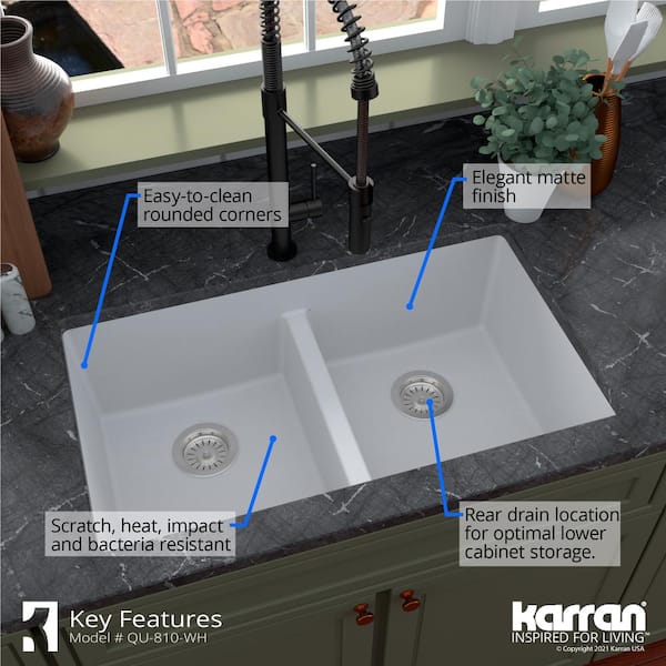 QU-810 Quartz/Granite 32 in. Double Bowl 50/50 Undermount Kitchen Sink in White with Bottom Grid and Strainer