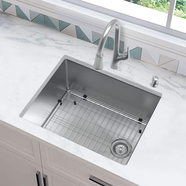 All-in-One Tight Radius Undermount 18G Stainless Steel 23 in. Single Bowl Kitchen Sink, Offset Drain, Pull-Down Faucet