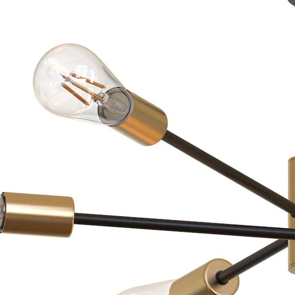32.7 in. 6-Light Black Unique Modern Sputnik Semi-Flush Mount with Aged Brass Socket Cups