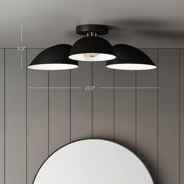24 in. 3-Light Argo Ceiling Semi-Flush Mount Light Fixture, Retro Modern Light with Black Rounded Shades