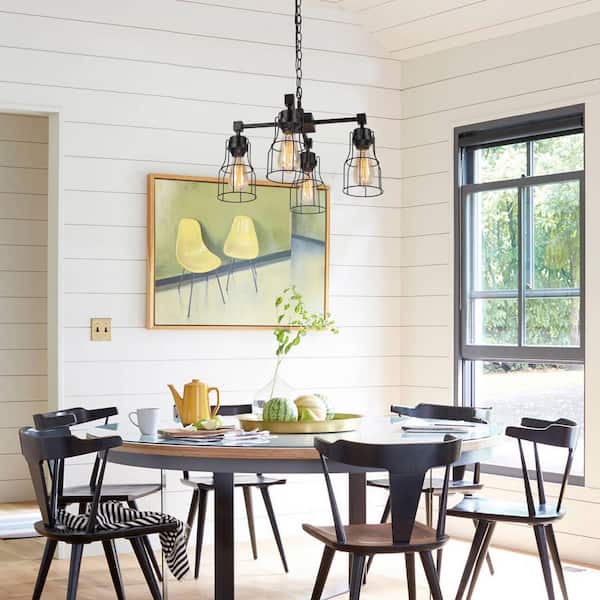 Black Chandelier 4-Light Matte Black Tiered Modern Chandelier Kitchen Island Pendant Light Industrial Chandelier