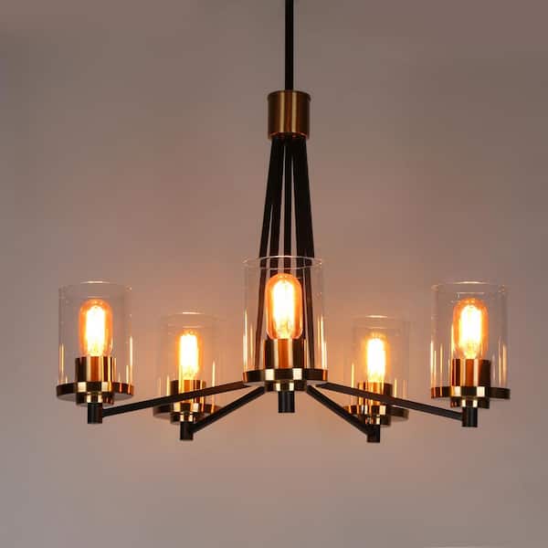 5-Light Modern Brass Gold Round Chandelier Lighting, Clear Glass Pendant Light Black Hanging Light
