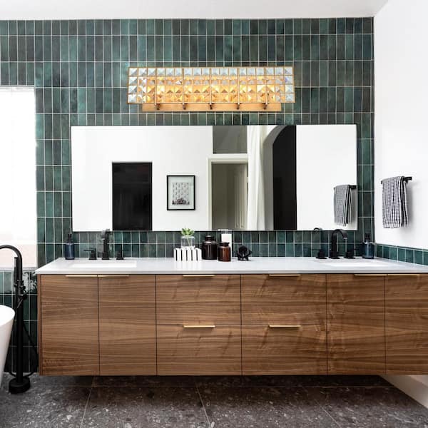 Modern Powder Bath Room Vanity Light, 34.2 in. 5-Light Gold Wall Sconce Light with Rectangle Crystal Shade