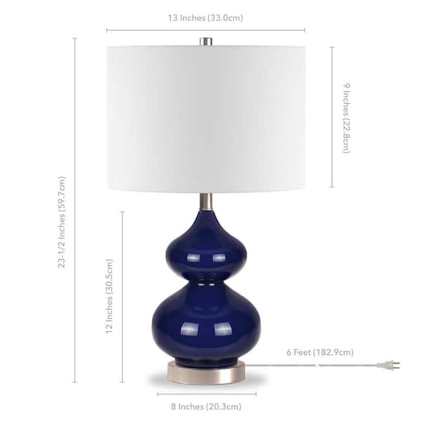 Katrina 23 in. Navy Blue Glass and Satin Nickel Table Lamp with Fabric Shade